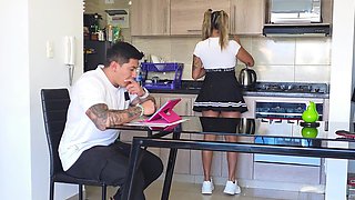 Stepsister Looks for Her Stepbrother's Cock Under the Table! Ends up with Her Pussy Filled with Cum