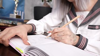 Japanese girl Masturbates with Dildo While Studying