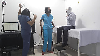 The doctor and the nurse seduce a patient to fuck him in the office