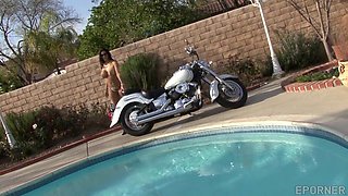 Busty Mommy On Bike - Big tits brunette MILF in solo masturbation outdoors