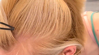 Blonde girlfriend giving blowjob