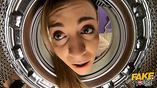 Fake hostel - fussy Big Tits karen gets stuck inwards a washing machine