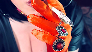 Satin Gloved Cougar Tina Snua Tip To Tails 2 Cigarettes  - Gloves Smoking Smoker Chain Smoking