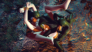 3D Cute Skinny Asian Slut Have Threesome Sex with Two Big Cock Monsters