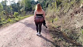 My stepmom in sheer pants without panties walking down the street
