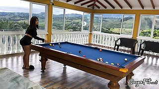 Sayafit and Anissa Miller play with pool balls and the cue between their big buttocks - Brian Evansx