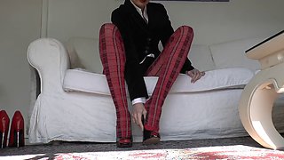 Red Tartan Tights and Extreme Heels Legs Show