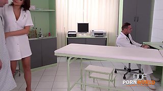 Voluptuous nurse Anna Polina gets big tits & tight ass fucked by two studs