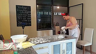 Nudist housekeeper Regina Noir cooking at the kitchen. Naked maid makes dumplings. Naked cooks. SHORT 1