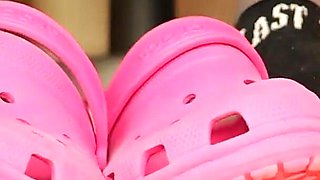Under Desk Foot Play - Pink Clogs & Worn Socks