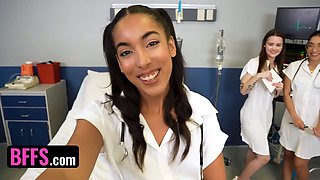 Trio hot therapists take turns bouncing up and down on lucky patient's boner