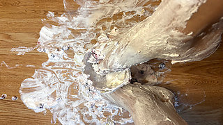 Playing with a whipped cream fruit bowl with my feet