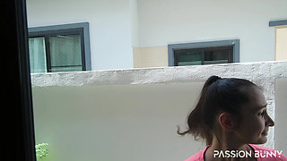 Huge Desperation Pee on the Glass Door