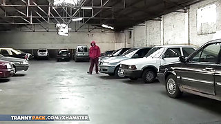 Busty shemale in red panties gives stranger a blowjob in