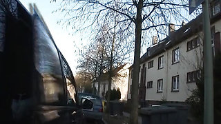 Sexy redhead German babe fucked in the moving car
