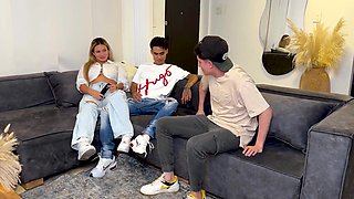 Colombian Blonde MILF fucks her stepson's best nerdy friend, has a big dick and swallows all his cum! Karensleent, Pipeboy, Danyel Mast