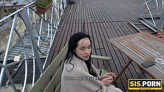 Step-sister sex smoking behind stepdaddy\u2019s back? here, suck my cock!