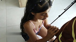 Brunette stepsister heats up my cock to ride it