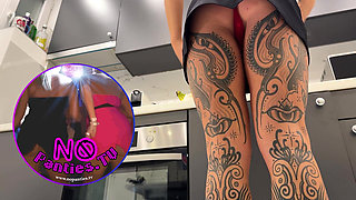 Super Hot Sexy Long Legs Blonde Takes off Her Panties to Show Her Tight Pussy Under Her Mini Skirt