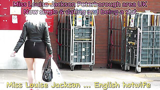 English hotwife Miss jackson in high heels tights and leather teasing in public