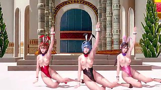 Steamy 3d-animated anime teens from Evangelion strip dance in trio
