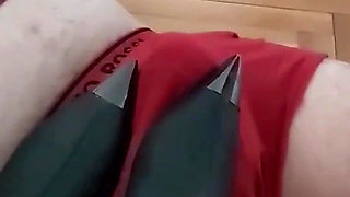 Leather boots on his cock