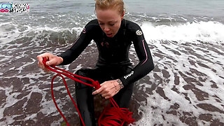 Hogtied in a Wetsuit - Rope Bondage Escape Challenge on the Beach