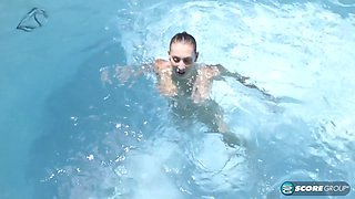 Tiffany cane's tight snatch gets pleasured in the pool by a busty babe