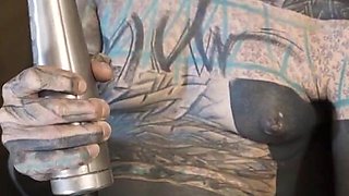 Tattooed Woman Testing Fuck Machine with Her Anal