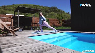 A Neighbor Spies On Morning Yoga By The Pool And Joins Me