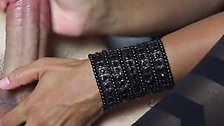 Slow edging handjob: footjob lead to big cumshot over stockings A089