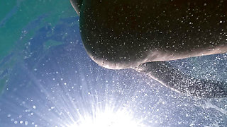 Curvy naked girl swims underwater with anal plug