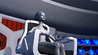 Sci-fi female alien plays with black girl in space station