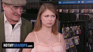 Ginger Grey's stepgranddad gives her a hard deep fuck in public & fills her up with his load