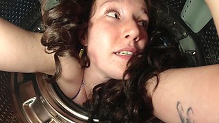 A hot brunette girlfriend gets stuck and banged in a washing machine