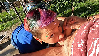 Outdoor Ball Sucking Blowjob with Cum in Mouth in the Garden