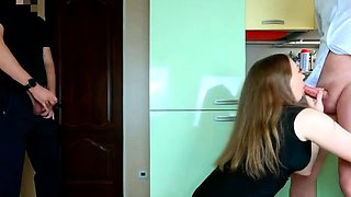 Cuckold Masturbates as Girl Blows His Dick, Takes Cum!