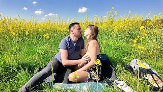Hungarian MILF with big natural tits fucks doggy style in a field - Amateur outdoor sex