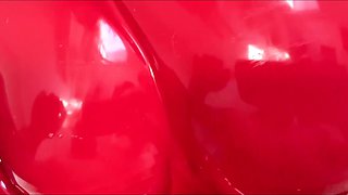 Gorgeous Slim Buxom Blonde Hottie In Red Latex Rides a Cock & Enjoys Intense Pussy Drilling