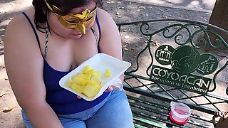 I suck my mans ass, cock and balls, extract lots of cum and eat it with pineapple in public