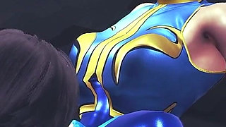 Chun Li Street Fighter 6 - Sexy Cosplay Anime Girl in Blue Latex Costume Gets Her Pussy Licked Through Tight Pants with Orgasm