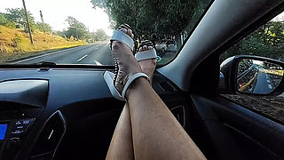 Step Mom Fucks in Car on Way to Work - Horny Mature MILF in Heels & Sexy Legs