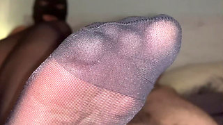 Foot and Mouth Play to the Cock Cumming in Pantyhose