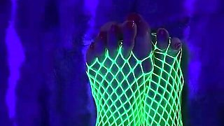 Tiny Asian Feet with Long Toes in Green Neon Fishnet