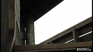 Hot German babe fingers her tight pussy in public - solo masturbation