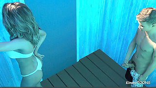 Milf stepmom Kimmytoons helps her young neighbor with some solo fun in the shower