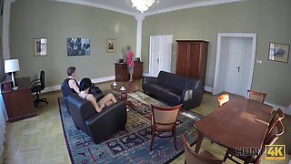 HUNT4K. Dark Hair Erica Black rides guy's rod in front..
