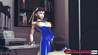 Chun Li Street Fighter 6 - Sexy Cosplay Anime Girl in Blue Latex Costume Gets Her Pussy Licked Through Tight Pants with Orgasm