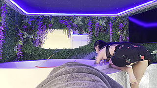 Super Hot Latina Brunette with Big Tits in the Bathroom in a miniskirt no panties organizes the jacuzzi