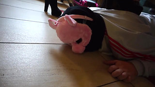 Masked slave gets punished from three femdom chicks